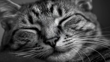 Black and White Close-Up of Sleeping Cat with Visible Fur Texture and Whiskers