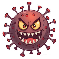 A cartoon virus character with a menacing expression, featuring sharp teeth and large eyes. The virus is round with spikes and a dark background.