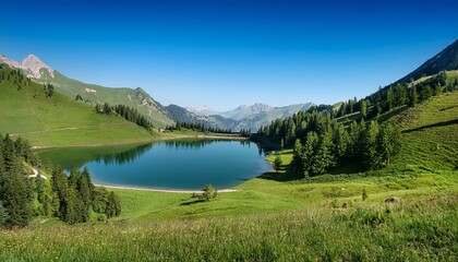 serene alpine lake surrounded by lush green hills under a clear blue sky