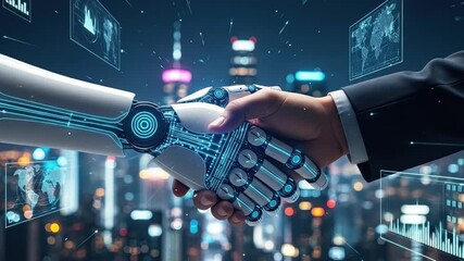 Robot and human handshaking with digital overlays over a cityscape view - Powered by Adobe