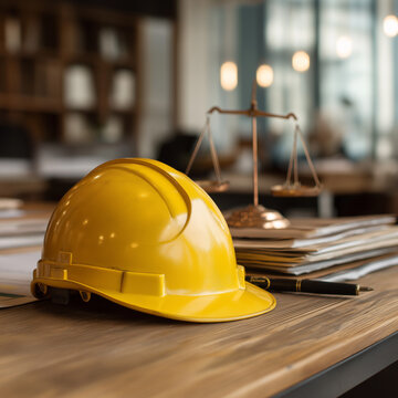 Derecho laboral con casco de obra sobre escritorio jur&iacute;dico, junto a balanza de justicia y documentos, que representa la protecci&oacute;n legal de trabajadores y el rol de abogado laboralista profesional