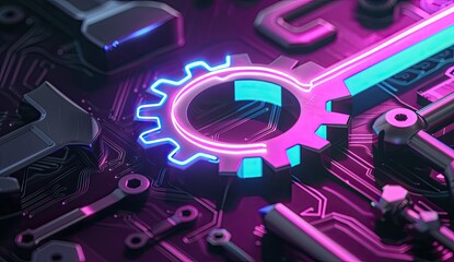 Obraz premium Neon Gear on Circuit Board; Tech Innovation