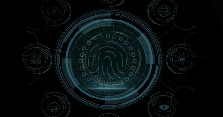 Fading DATA PROTECTION text, rotating rings revealing fingerprint scan six icons forming stable HUD - Powered by Adobe
