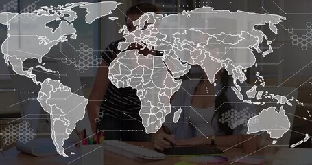 UX designer guiding graphic designer pausing drawing as map overlay animating digital network - Powered by Adobe