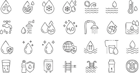 Collection of Water Related Line Icons for Various Purposes Showcasing the Importance of Clean Water and Its Diverse Applications in Modern Life