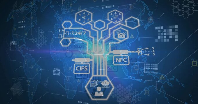 Opening hexagon brightening, expanding, moving file-cloud icons along network lines then retracting