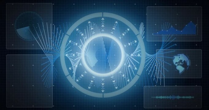 As particles drifting on grid, HUD brightening and graph animating, globe rotating visualizing data