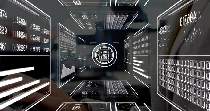 Woman typing on laptop initiating 3D data tunnel around circular UI for real-time data monitoring