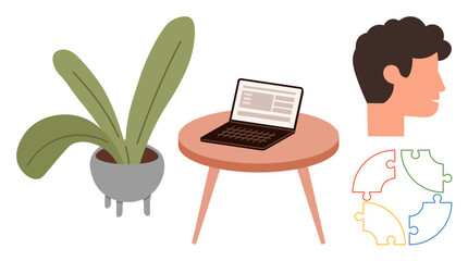 Laptop on round table next to potted plant, human side profile, and colorful puzzle pieces symbolizing creativity and collaboration. Ideal for teamwork, innovation, problem-solving, workspace