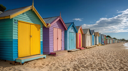 Colorful Beach Huts: A vibrant row of charming beach huts in an array of vivid colors. The scene is painted in bright colors under a clear sky.