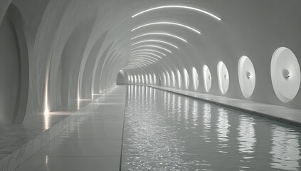 Obraz premium Indoor tranquil pool, arched hall, calm water, white architecture, spa relaxation