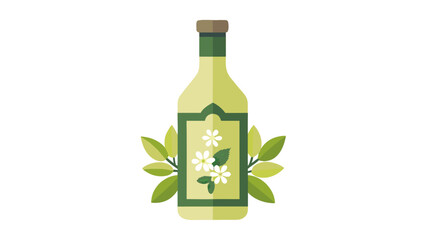 Elderflower syrup bottle with green leaves and floral design on white background. Elderflower syrup features natural ingredients, showcasing bright colors and organic elements.