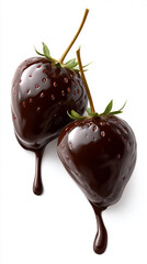 Two chocolate-covered strawberries, delicious dessert treat with glossy chocolate drizzle
