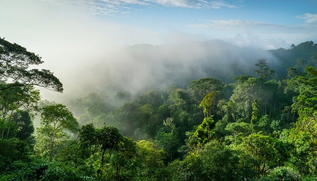 ush green rainforest canopy with misty morning fog