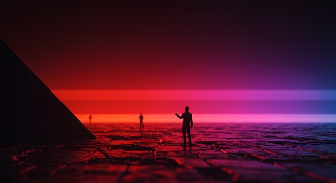 Exploring vast surreal alien landscapes bathed in vibrant neon light with lone figures contemplating the unknown mysteries of existence under a twilight sky