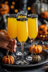 Festive Halloween cocktails with black sugar rims, surrounded by pumpkins and decorations.
