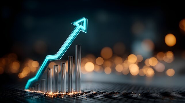 Glowing blue financial growth arrow and rising bar chart, digital business success concept, futuristic stock market data visualization on dark background