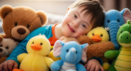 Smiling boy with down syndrome embracing a collection of teddy bears and plush toys. Happy child with special needs.