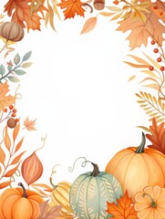 Watercolor autumn frame isolated on white background with pumpkins and fall foliage