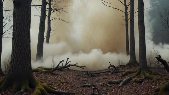 Broken trees in woods after bombing or artillery fire