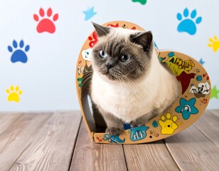 Naklejka premium A cream-colored cat sits in a heart-shaped cutout on a wooden surface