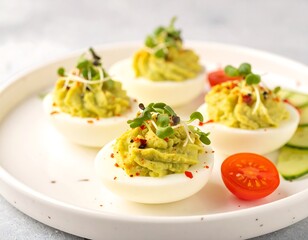 Deviled eggs garnished with herbs and spices