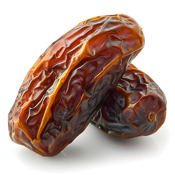 High resolution high clarity image of A detailed, close up image of two fresh, dried Um Al Maadi dates on a pure white background. The dates are medium, dark brown, soft, with fine, even wrinkles. One