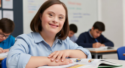 Woman with down syndrome studying at desk in classroom, smiling at camera. Inclusive education and learning concept.