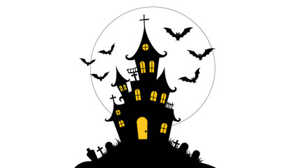 Haunted house illustration with full moon, flying bats, and graves, spooky Halloween atmosphere.