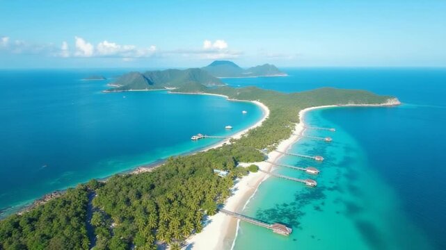Tropical coastline with sandy beach and piers in Indonesia, drone view