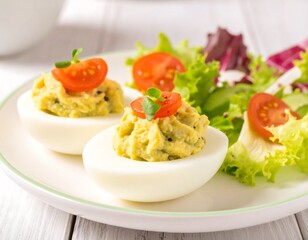 Deviled eggs with salad on a plate