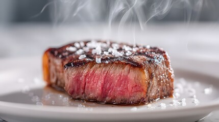 Close-up single grilled steak with steam and salt.