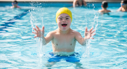 A boy with Down syndrome wearing a yellow swimming cap splashes joyful water in a bright blue pool during a summer day.