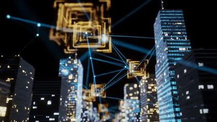 Digital city network with glowing skyscrapers and interconnected structures. - Powered by Adobe