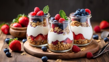 delicious layered yogurt parfait with fresh berries and granola in glass jars on rustic wooden table