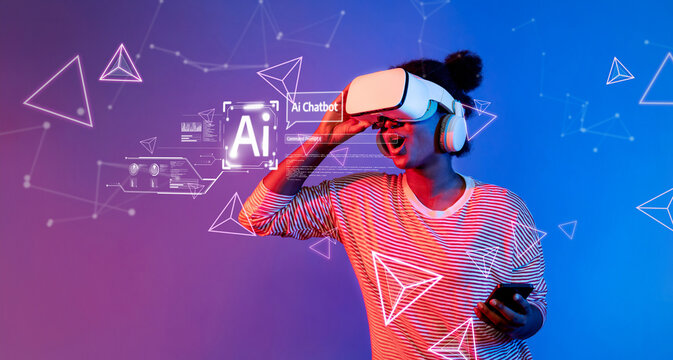 A person immersed in virtual reality exploring chatbot technology, showcasing the synergy of artificial intelligence and machine learning in a modern digital setting. XDMCP