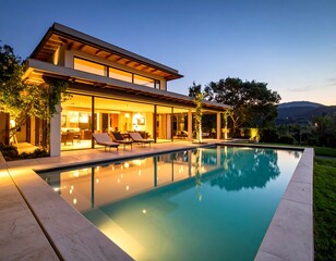 Modern luxury home with pool at twilight (1)