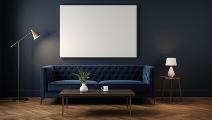 A luxurious dark blue velvet tufted sofa sits beneath a large blank white canvas on a dark wall illuminated by a vintage brass floor lamp and a small table lamp