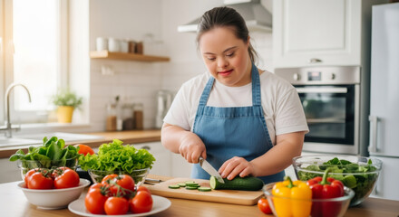 Woman with down syndrome chopping cucumber in kitchen. Culinary skill for healthy food. Kitchen activity and independent living.