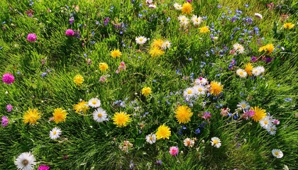 bright green grass and colorful wildflower meadow viewed from above ideal for nature and outdoor backgrounds