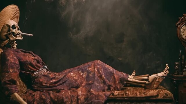 Humorous skeleton enjoying a smoke in luxurious setting with antique clock backdrop
