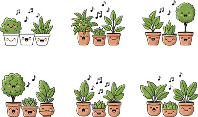 Flat vectorizer illustration of cute houseplants in pots, smiling cartoon plants, happy potted greenery, musical indoor plants vector art