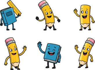 Cute cartoon school supplies character set, happy pencils and books, education illustration, flat design, colorful, fun, back to school