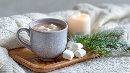 Minimalist holiday drink concept with cocoa, marshmallows, and natural seasonal decor, ideal for cozy stock visuals.