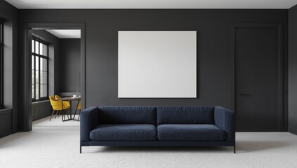 Modern dark gray living room with a comfortable navy blue sofa and a large blank white poster on the wall natural light from windows