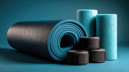 Rolled teal exercise mat, foam rollers & supports