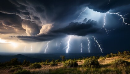 powerful lightning flashes illuminate dark stormy clouds nature landscape dramatic viewpoint electric atmosphere