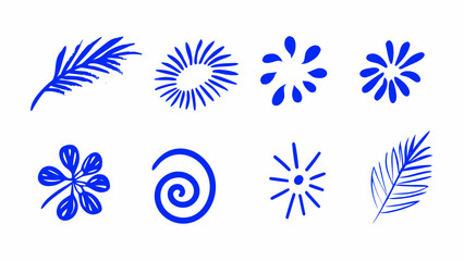 Hand-Drawn Blue Nature Icons Set – Plants, Flowers, Spirals and Sun Symbols,  Vector abstract logo templates, icons and symbols, art prints with minimal shapes in floral wavy ink rough hand drawn  