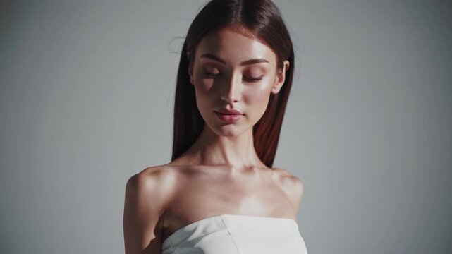 A person with long, dark hair and bare shoulders stands against a plain background. The focus highlights their posture and upper body attire without distraction.