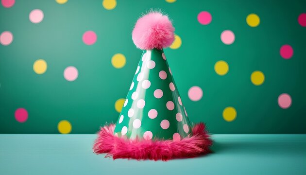 bright green party hat with colorful polka dots and pink pom pom on top perfect for celebrations and festive occasions